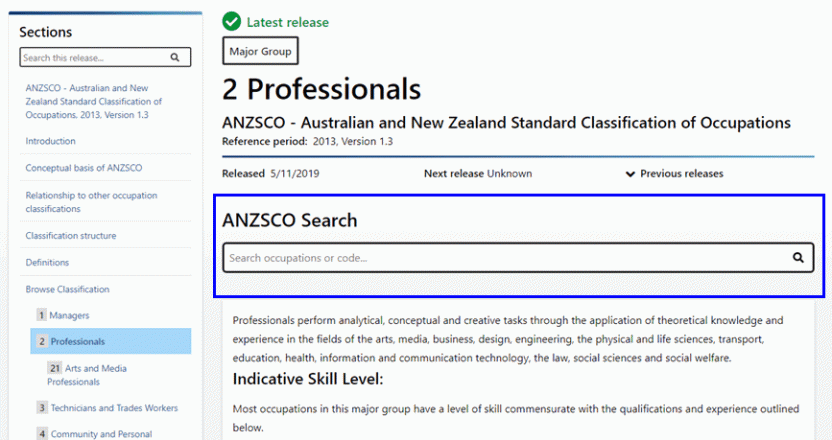 ANZSCO search location